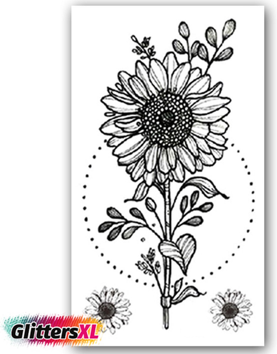 GlittersXL - Temporary Tattoo Zonnebloem (11x6cm) [Neptattoo - Tijdelijke tatoeage - Nep Fake Tattoos - Water overdraagbare festival sticker henna outfit tattoo - Glitter tattoo - Volwassenen Kinderen Jongen Meisje]